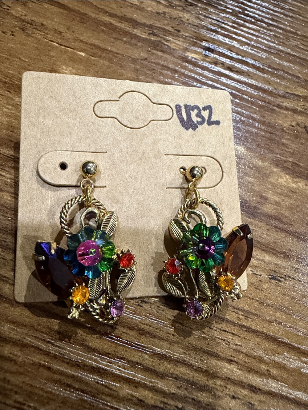 Multicolor Crystal Floral Drop Earrings - Gold Tone
